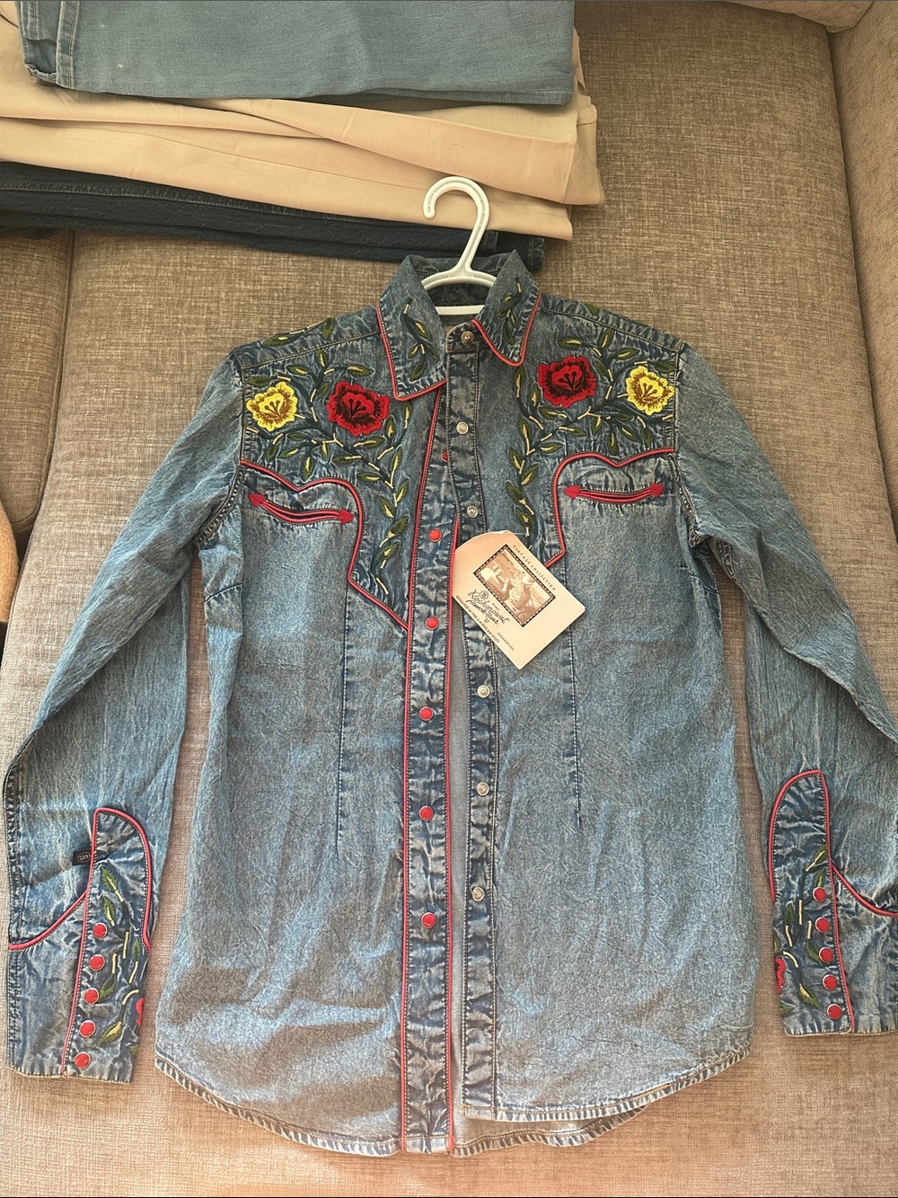 Embroidered Floral Denim Western Jacket - Blue with Red & Yellow Accents
